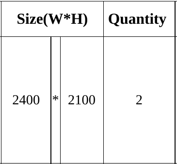 The same D01 row: size 2400 × 2100, quantity 2.