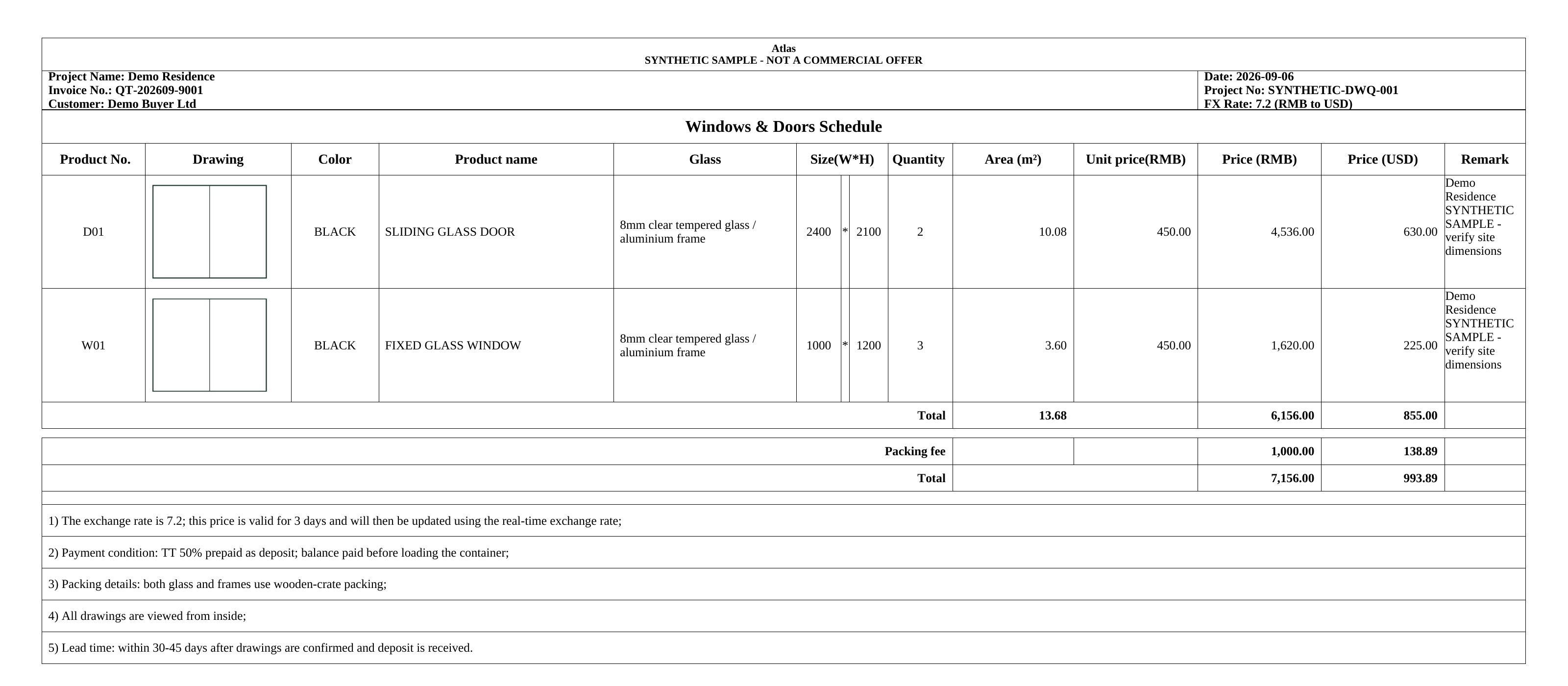 Continuous original schedule: header, D01 and W01 rows, totals and terms. Only bottom blank space is omitted.